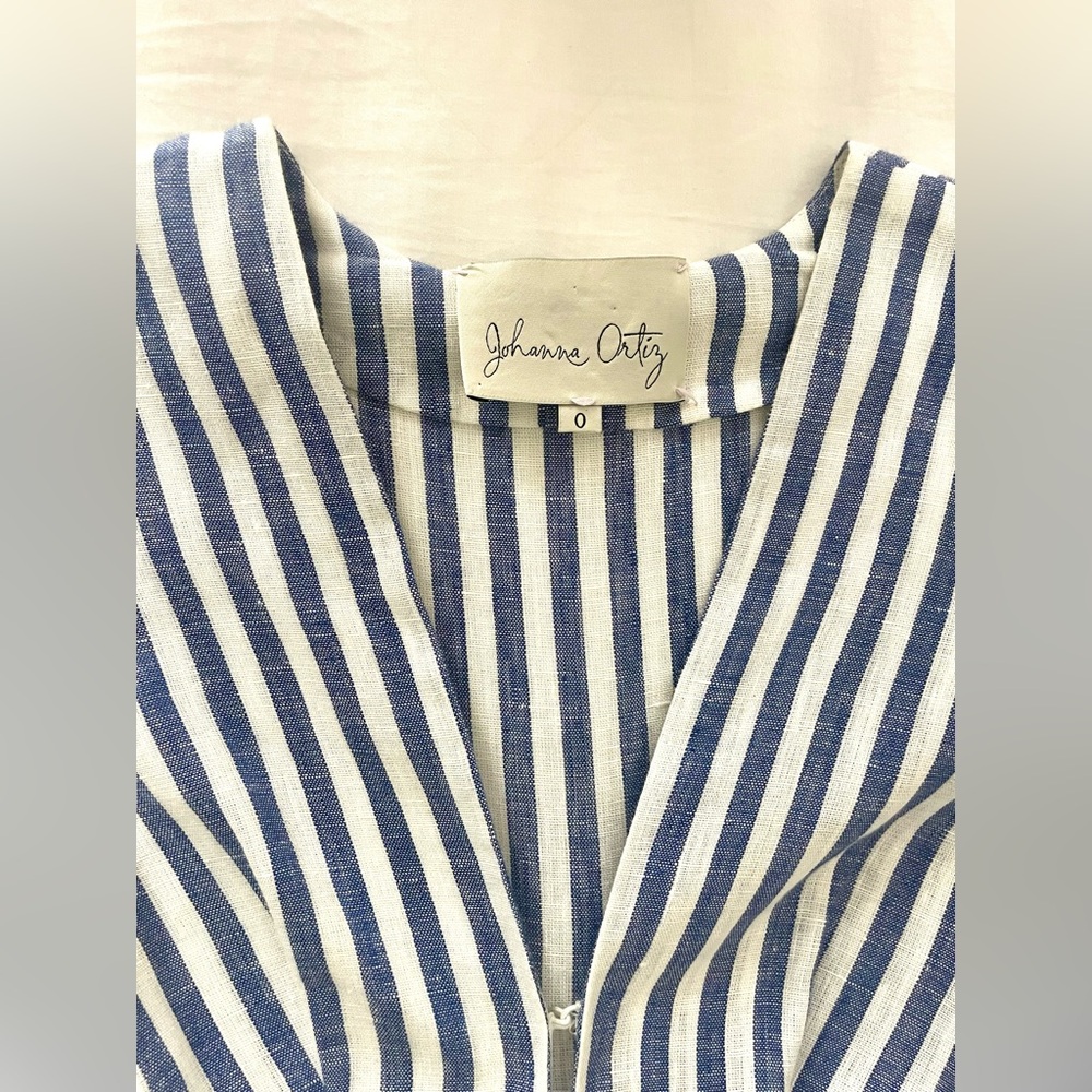 Johanna Ortiz Rio Grande Tunic Navy/white striped linen, large sash, 0, EUC - Picture 9 of 15